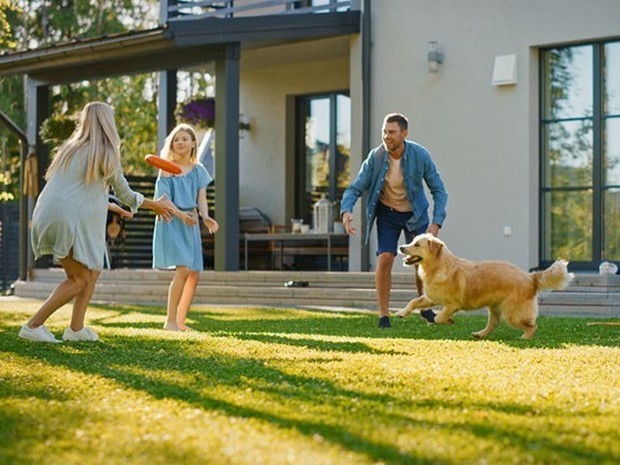 Familia de una madre, un padre y una hija jugando al frisbee en su jardín con su perro