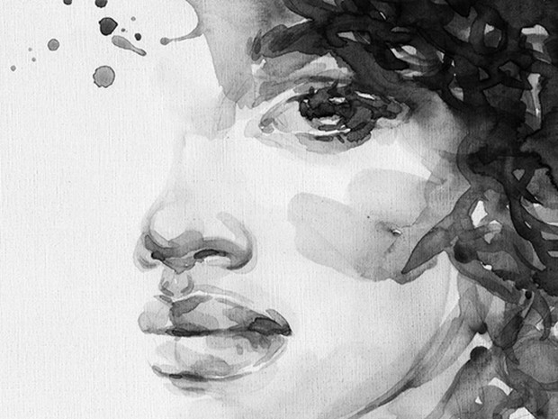 Retrato de medio rostro de una mujer afroamericana en acuarela en blanco y negro