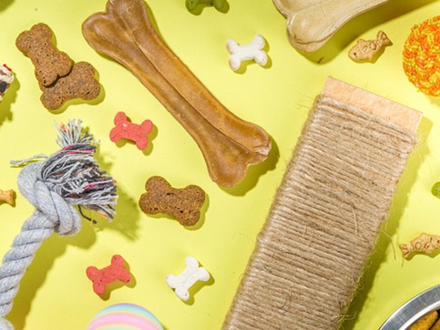 Productos para mascotas como huesos, chuches, juguetes, pelotas y más
