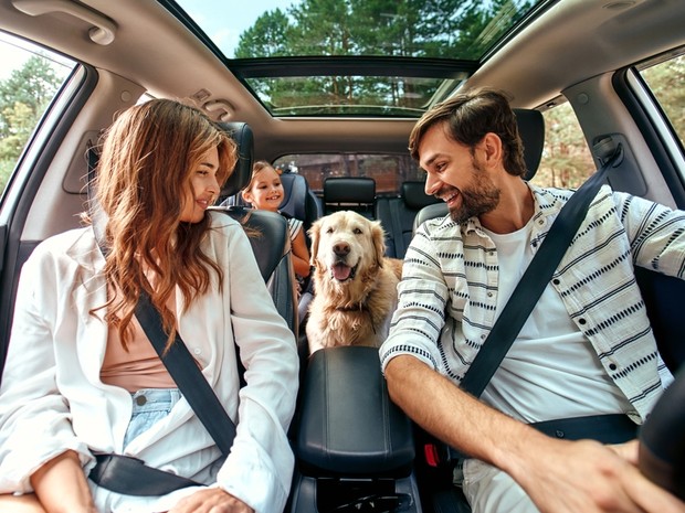 Familia con un perro en el coche